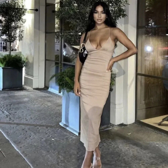 Zara Linen Blend Strappy Open  Back Midi Maxi Dress Beige Tan Brown Size Small - Picture 1 of 16